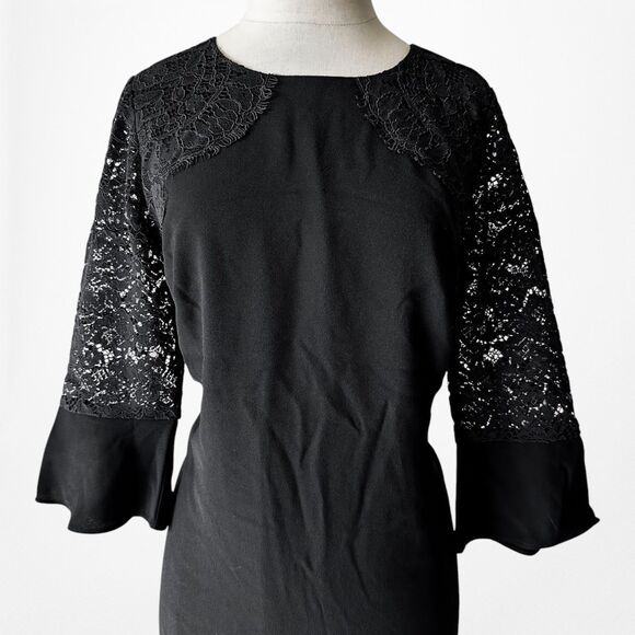 Vintage Y2K Black Long Lace Bell Sleeves Knee Length Cocktail Shift Dress Size M - Picture 6 of 7